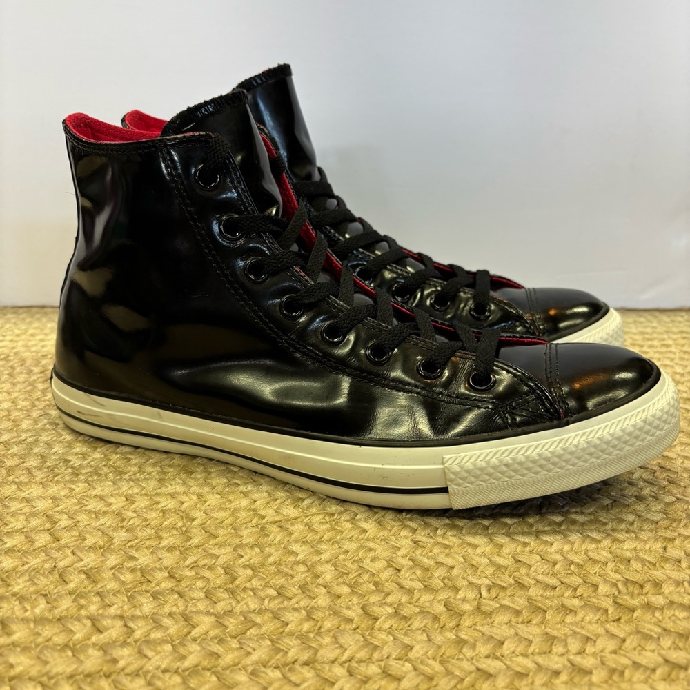 Converse All Star High Tops-Black Patent Leather Red Lining M-10 W-12